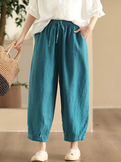 Women Comfortable Linen Straight-Leg Elastic Waist Harem Pants