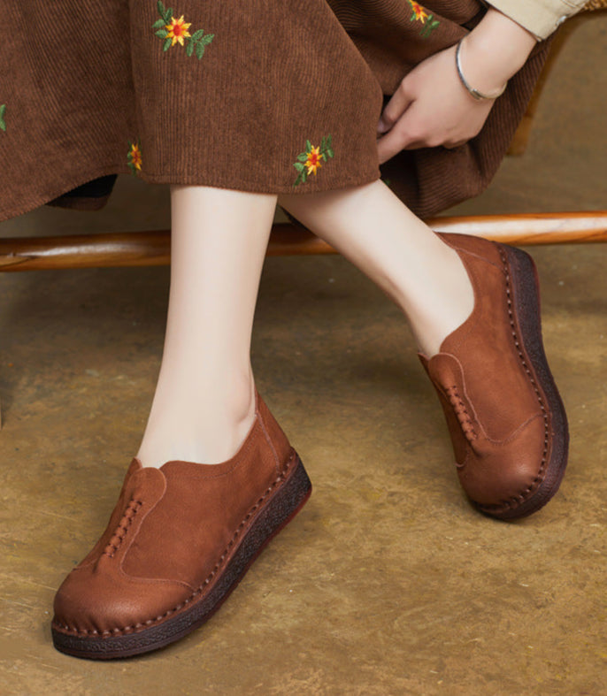 Retro Minimalist Intricate Stitching Handmade Leather Slip-Ons