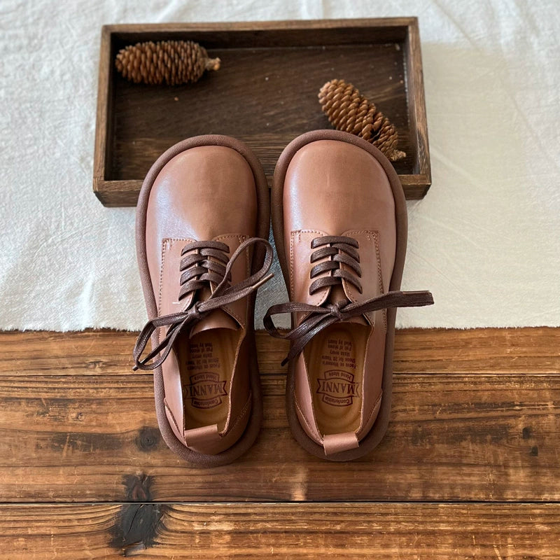 Women Retro Leather Soft Thick Sole Round Toe Lace-Up Shoes