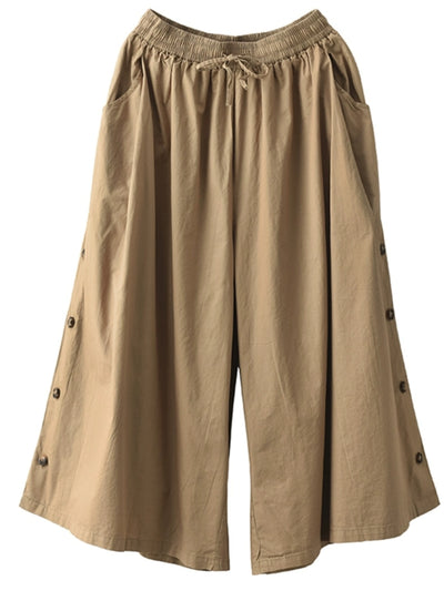 Loose Wide-Leg Side Buttons Cotton Linen Casual Pants for Women