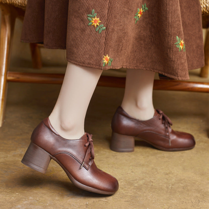 Women's Lace-Up Retro Handmade Genuine Leather Chunky Heels