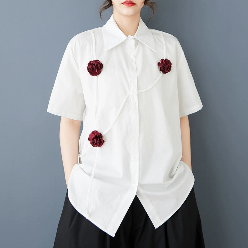 Women Spring Retro Cotton Rose Patchwork Casual Loose Blouse