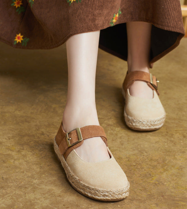 Women Casual Handmade Genuine Leather Buckle Soft Sole Flats