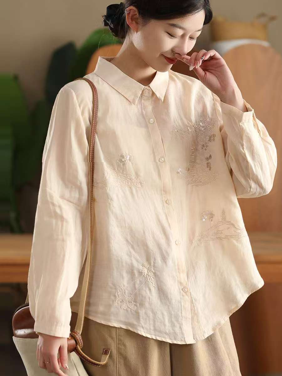 Autumn Retro Ramie Embroidered Loose Long Sleeves Shirt
