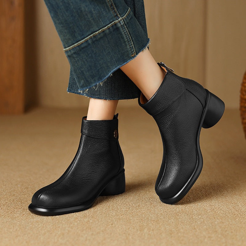 Autumn Vintage Elegant Sheepskin Leather Chunky Boots