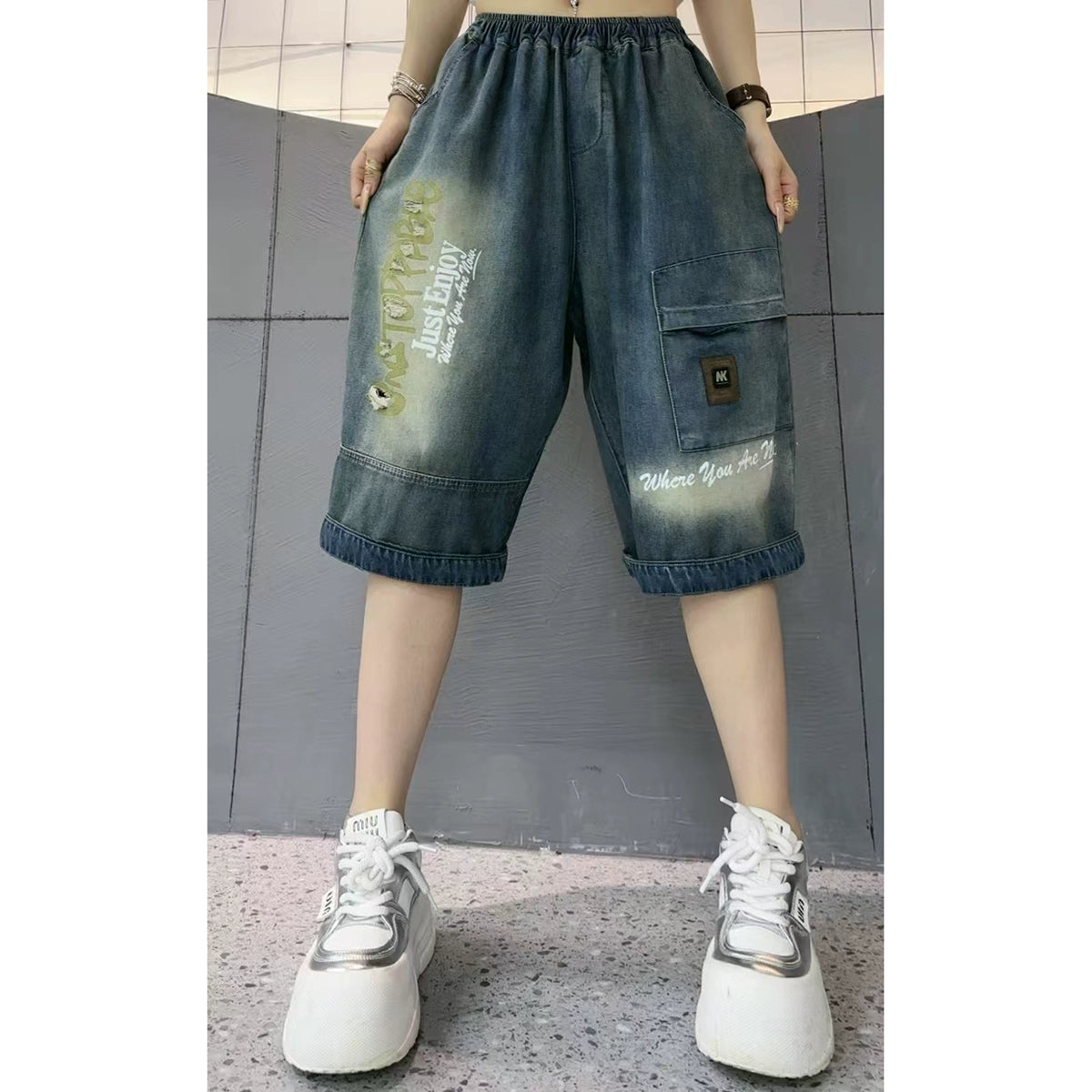 Summer Women Denim Loose Striped Patchwork Harem Shorts
