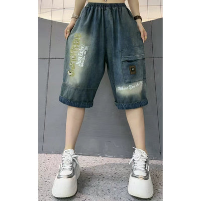 Summer Women Denim Loose Striped Patchwork Harem Shorts