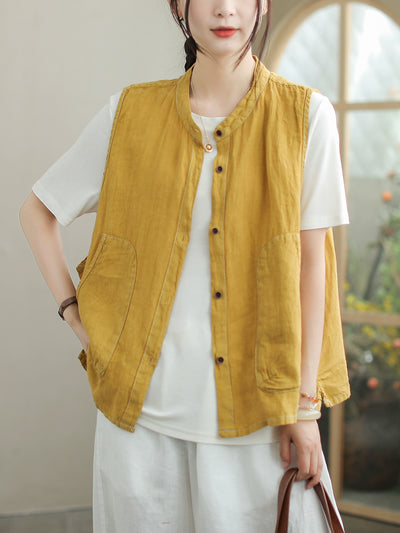 Babakud Summer Retro Linen Round Neck Single-Breasted Vest