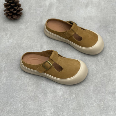 Retro Buckled Comfortable Soft Sole Genuine Leather Slippers