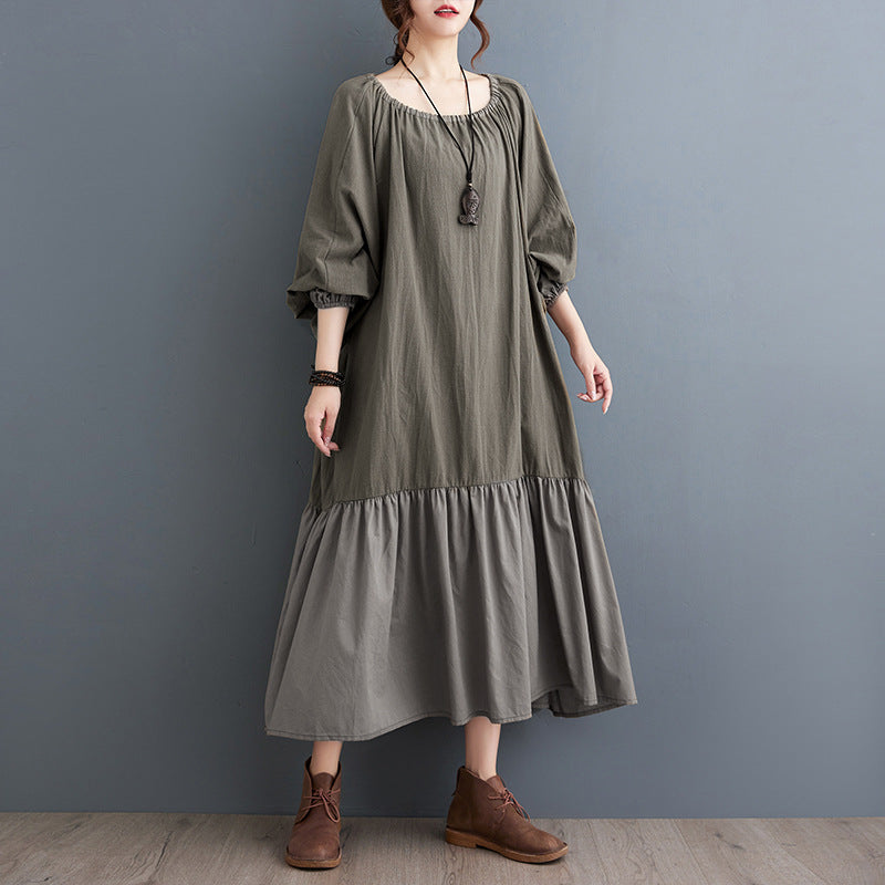 Green Ruffled Drawstring Lantern Sleeves Cotton Linen Dresses