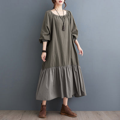 Green Ruffled Drawstring Lantern Sleeves Cotton Linen Dresses