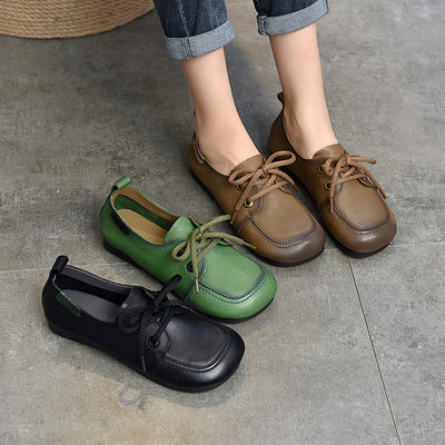 Women Spring Retro Style Soft Cowhide Lace Up Flat Shoes