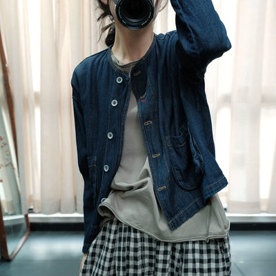 Autumn Retro Cotton Denim Round Neck Patchwork Pocket Coat