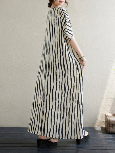 Spring Cotton Linen Stripe Loose Casual V- Neck Dress