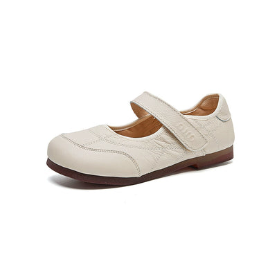 Women Retro Leather Round Toe One Straped Velcro Flat Shoes