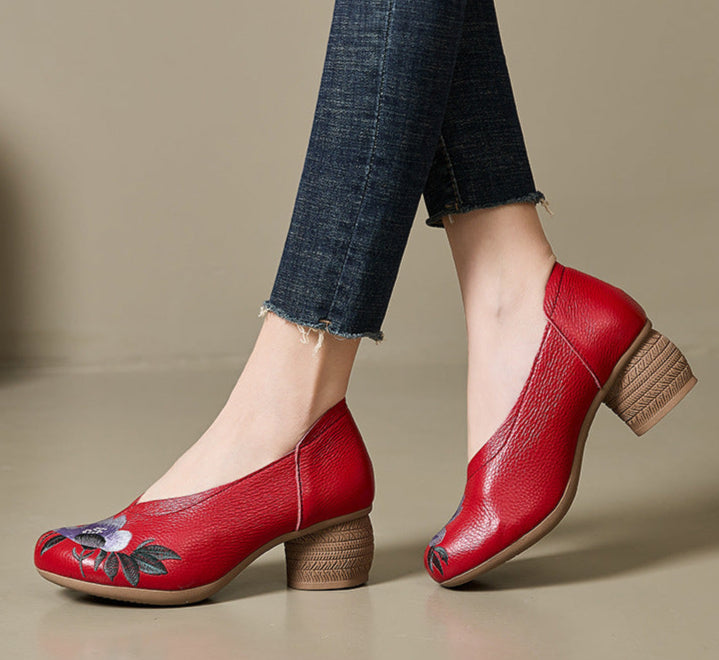 Ethnic Style Retro Genuine Leather Floral Embroidered Heeled Shoes