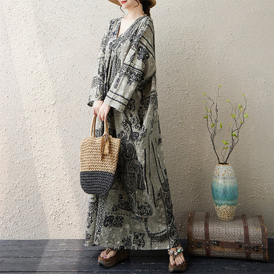 Autumn Retro Cotton Linen V-Neck Printed Loose Dress