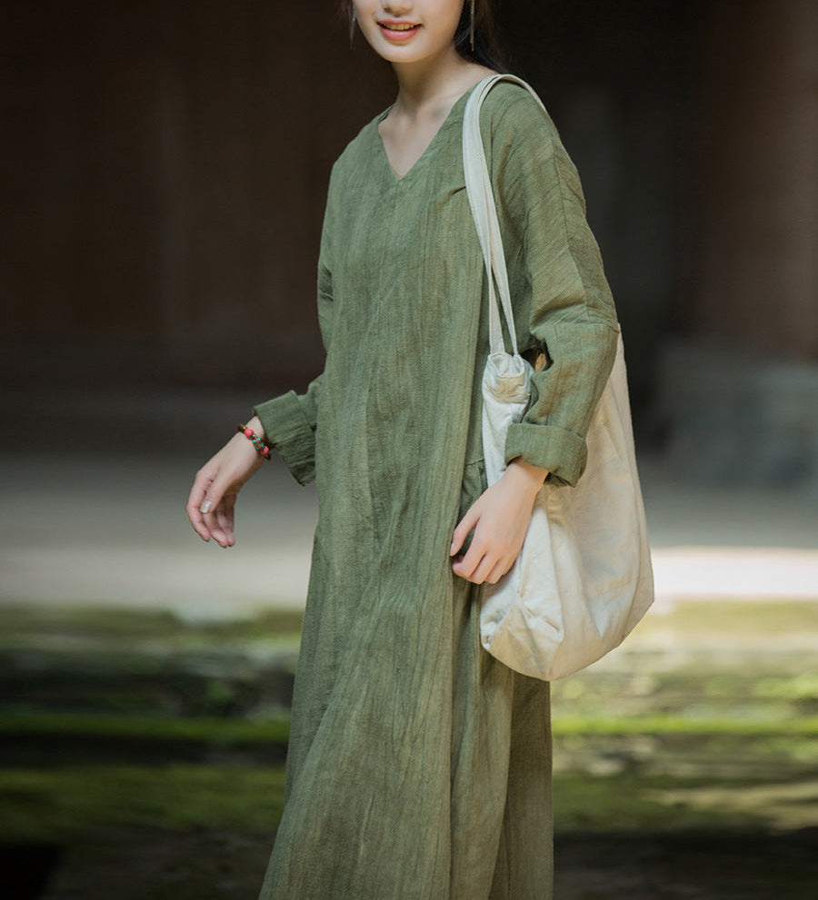 Women Casual Spring Tie-Dye V-Neck Ramie Cotton Midi Dresses