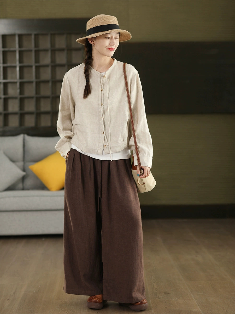 Autumn Retro Linen Round Neck Lace-Up Single-Breasted Shirt