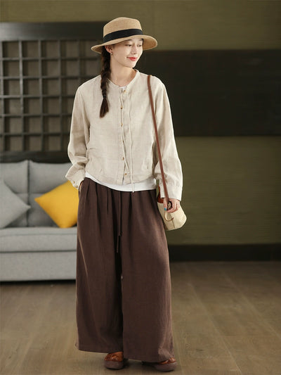 Autumn Retro Linen Round Neck Lace-Up Single-Breasted Shirt