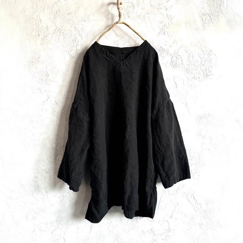 Women Comfy Solid Color V-Neck Washed Loose Linen Blouse