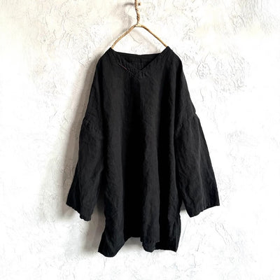 Women Comfy Solid Color V-Neck Washed Loose Linen Blouse