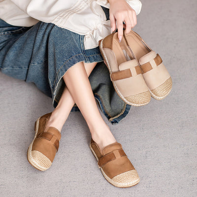 Casual Woven Contrast Color Flat Genuine Leather Slip-On Shoes