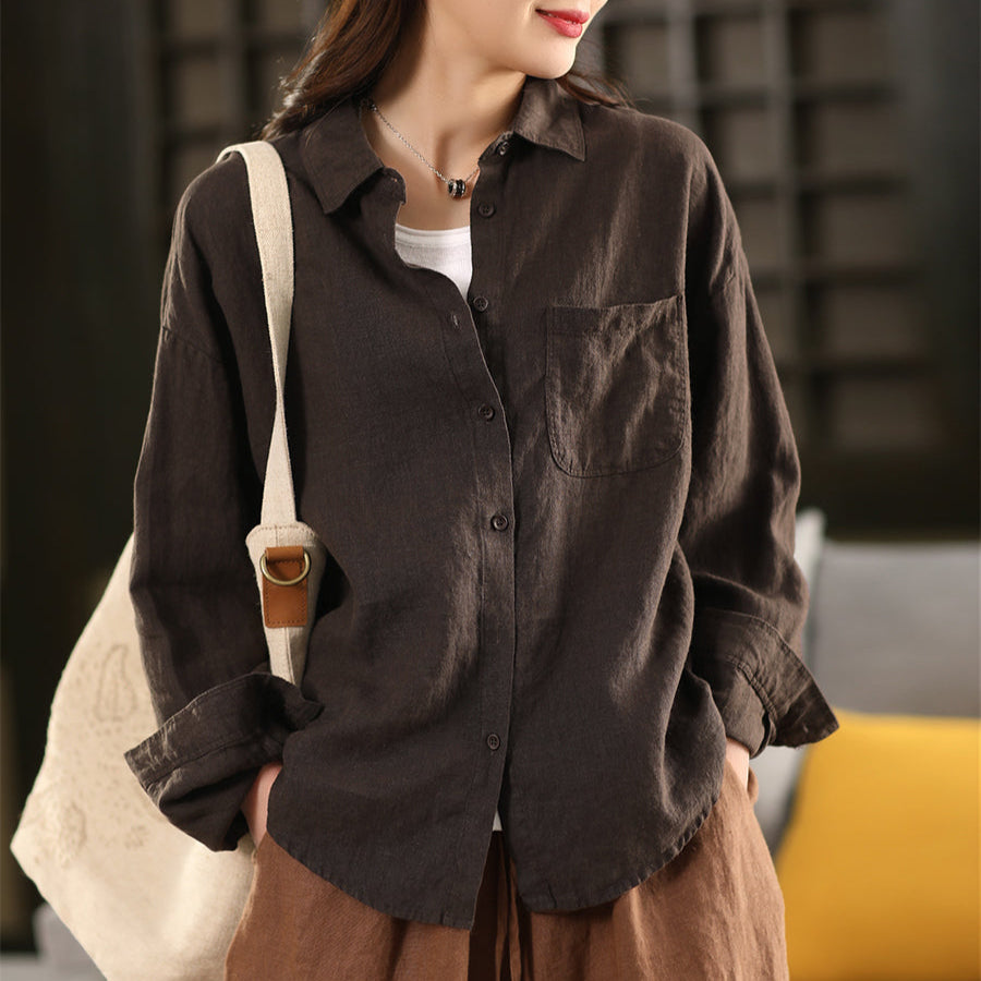 Women Spring Retro Pure Linen Solid Color Casual Blouse