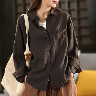 Women Spring Retro Pure Linen Solid Color Casual Blouse