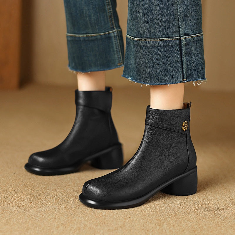 Autumn Vintage Elegant Sheepskin Leather Chunky Boots