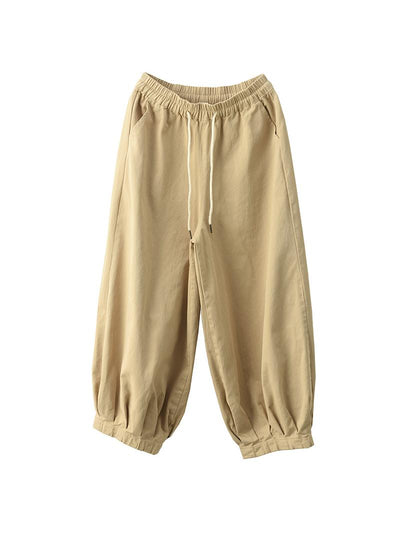 Women Spring Retro Cotton Solid Color Harem Pants