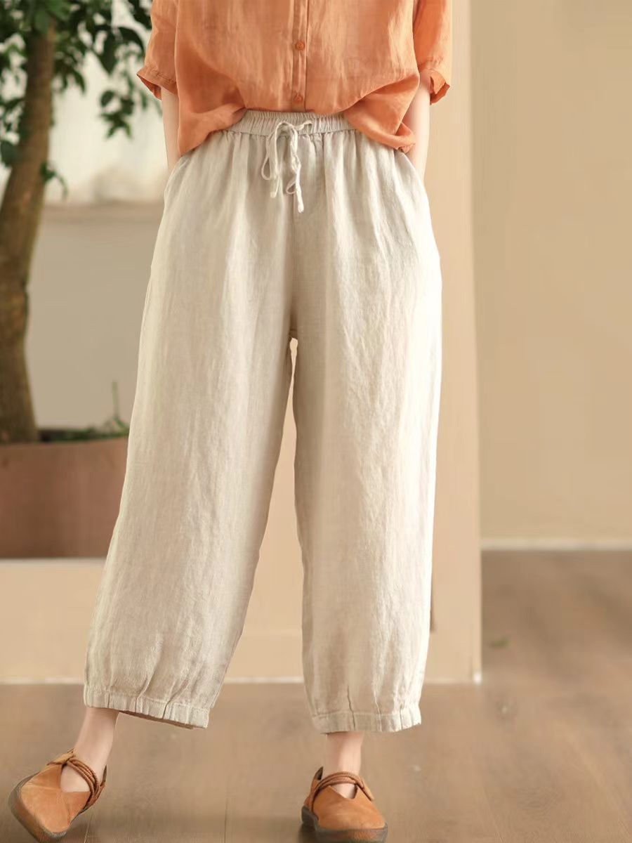 Women Comfortable Linen Straight-Leg Elastic Waist Harem Pants