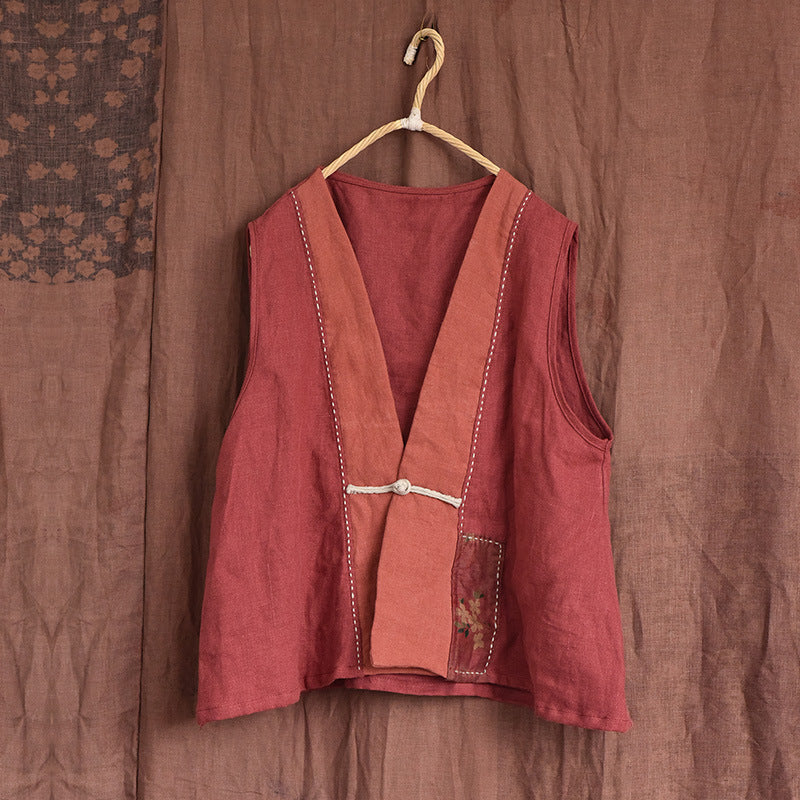 Women Retro Linen Patchwork Sleeveless Linen Vest