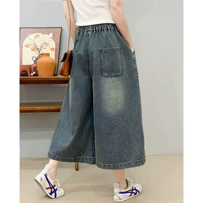 Women Retro Denim Embroidered Loose Elastic Waist Pants