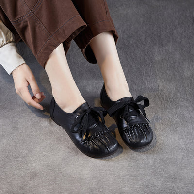 Women Retro Top Leather Closed Toe Lace-Up Flat Shoes