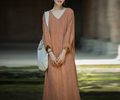 Women Casual Spring Tie-Dye V-Neck Ramie Cotton Midi Dresses
