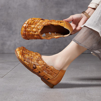 Babakud Retro Genuine Leather Woven Hollow Slip-Ons Flats Shoes