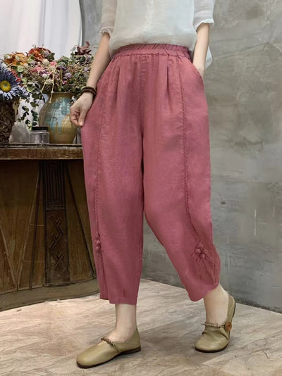 Babakud Summer Retro Linen Elastic Waist Harem Pants