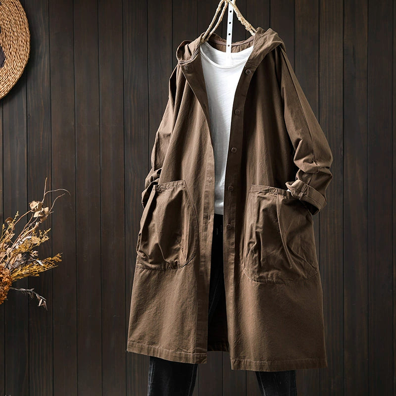 Women Spring Retro Pure Cotton Hooded Coat with Pockets