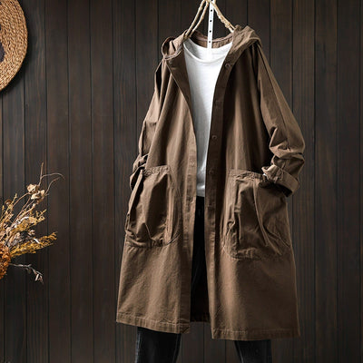 Women Spring Retro Pure Cotton Hooded Coat with Pockets