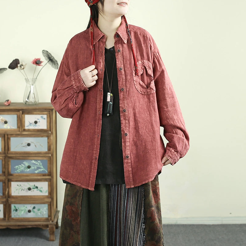 Women Spring Vintage Cotton Linen Casual Loose Blouse