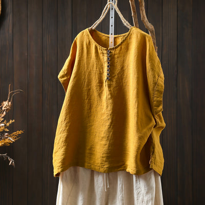 Summer Linen Breathable Round Neck Loose Casual Tops