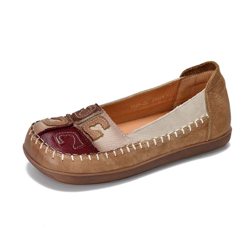 Babakud Women Spring Vintage Colorblock Handmade Leather Flats