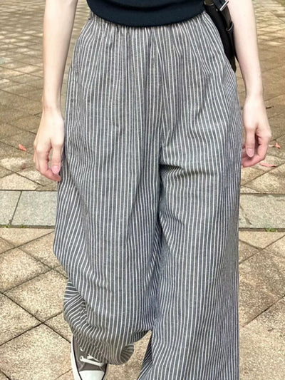 Babakud Spring Cotton Linen Gray Striped Straight-Leg Casual Pants