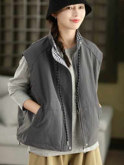 Women Casual Cool Stand Collar Sleeveless Lace-Up Plaid Jacket