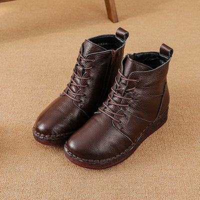 Winter Vintage Top Leather Wide Toe Lace-Up Fleece-In Boots