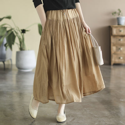Casual Solid Color High Waist Pleated Cotton Linen A-Line Skirt