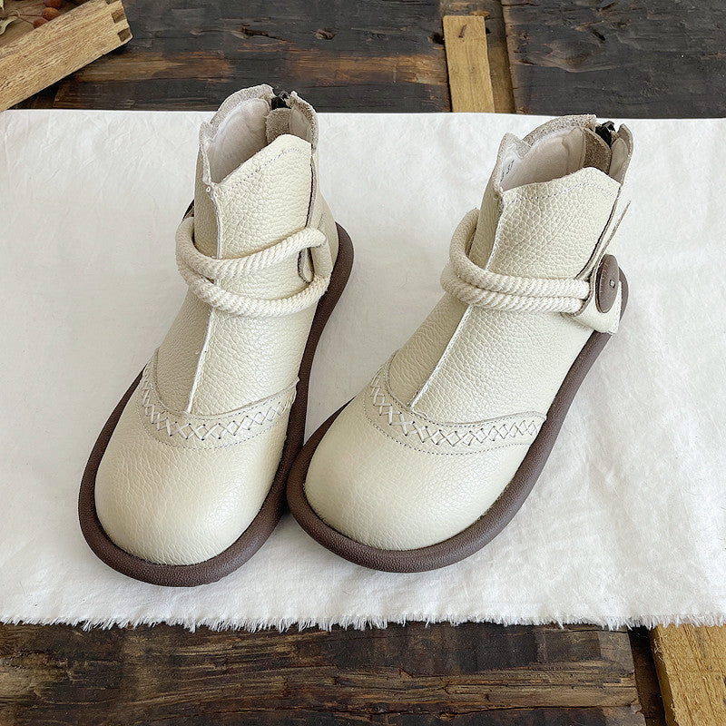 Babakud Women Round Toe Leather Warm Waterproof Short Boots