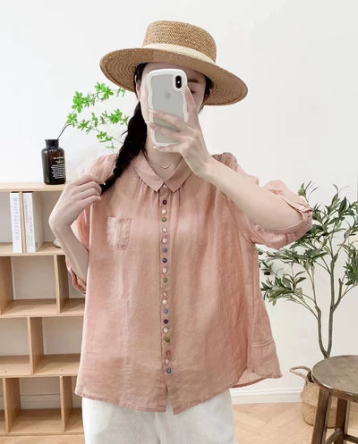 Summer Ramie Casual Versatile Colorful Button Loose Shirt