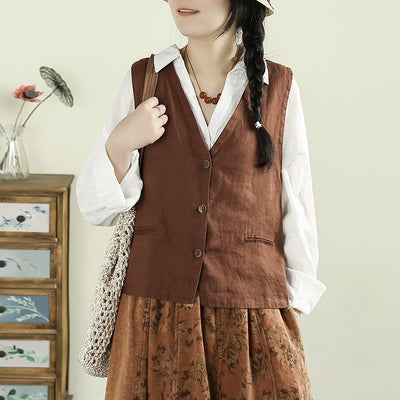 Women Spring Artistic Solid Color Linen V-Neck Vest